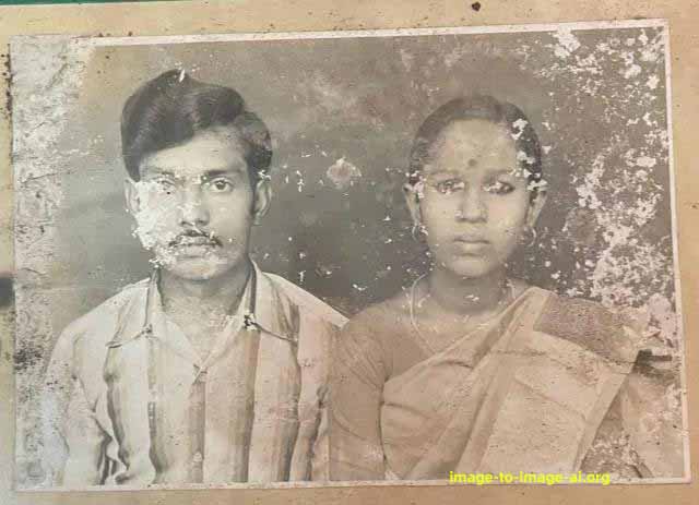 Damaged old photo of a couple before restoration